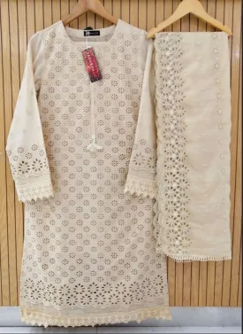 Sadabahar Chikankari Beige 3-Piece Suit with Chiffon Dupatta