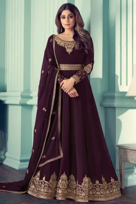 Shamita Shetty Wine Embroidered Anarkali Suit