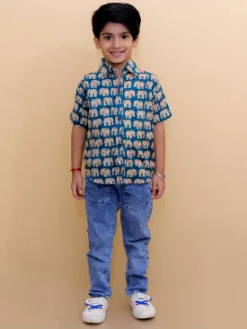 Teal Elephant Print Boys Shirt