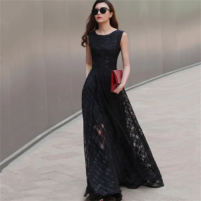 2017 New Women Summer Dress Elegant Ladies Vintage Black Organza Sleeveless Long Beach Maxi Dress Sundress Vestido De Festa