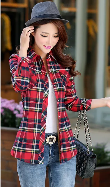 2017 Women's Cotton Winter Fashion Casual Warm Wool Shirts Blouse For Women's Long Sleeve M-XXL Size Femme Velvet Plaid Shirt