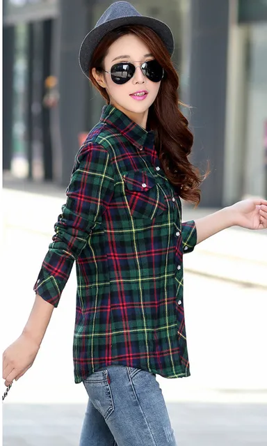 2017 Women's Cotton Winter Fashion Casual Warm Wool Shirts Blouse For Women's Long Sleeve M-XXL Size Femme Velvet Plaid Shirt