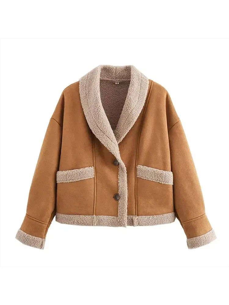 Advbridge Women Chic Lapel Lamb Wool Patchwork Coat Casual Button With Pocket Thickened Jacket 2024 Autumn Winter New Lady Retro Outerwear