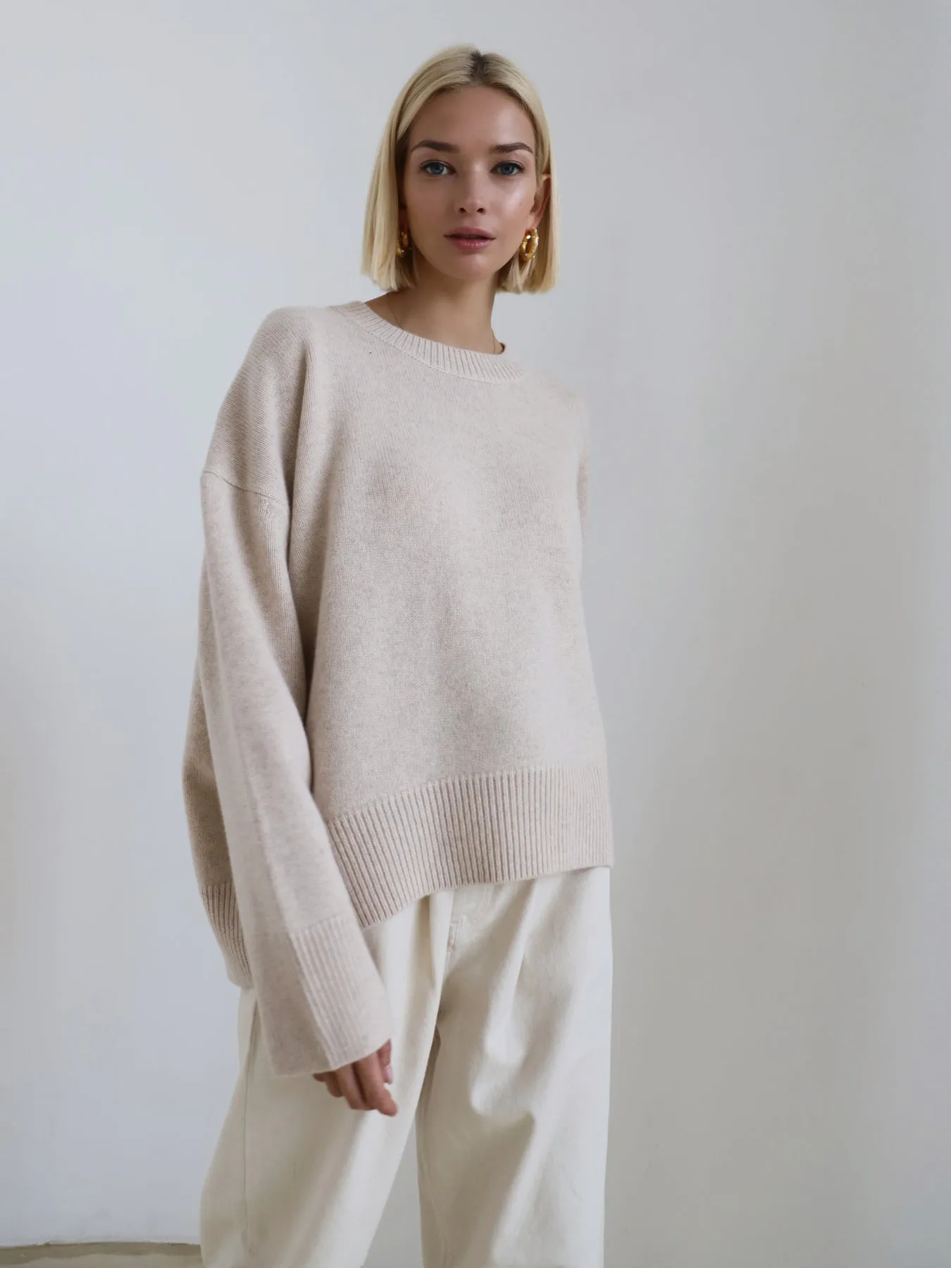 Autumn Winter Women Knitwear Crew Neck Loose Solid Color Popular Sweater