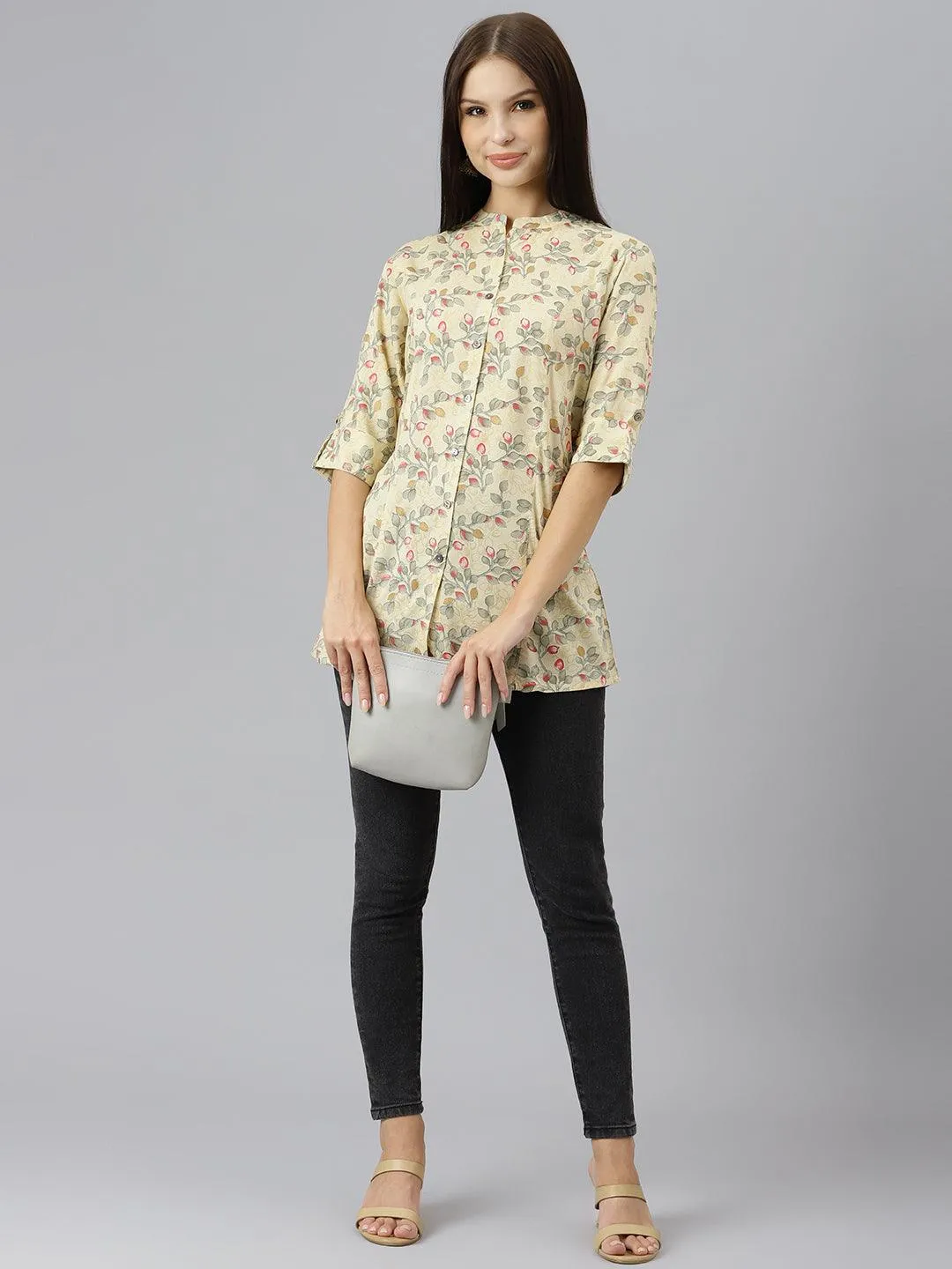 Beige Floral Rayon A-Line Shirts Style Top