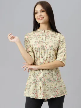 Beige Floral Rayon A-Line Shirts Style Top