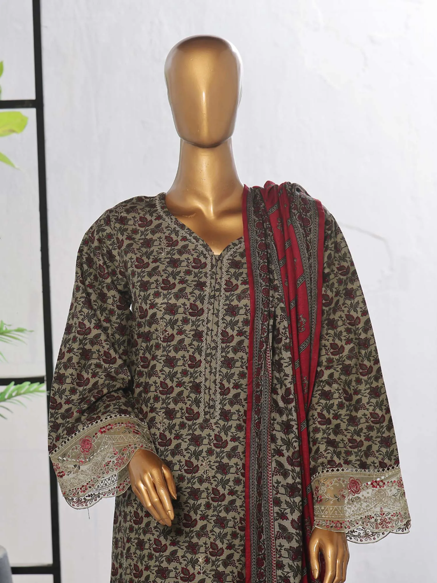 Bin Saeed Chikankari Embroidered Winter Khaddar Suit - Olive