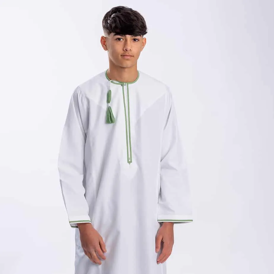 Boys Off White | Green Omani Dishdasha | Waterproof Fabric