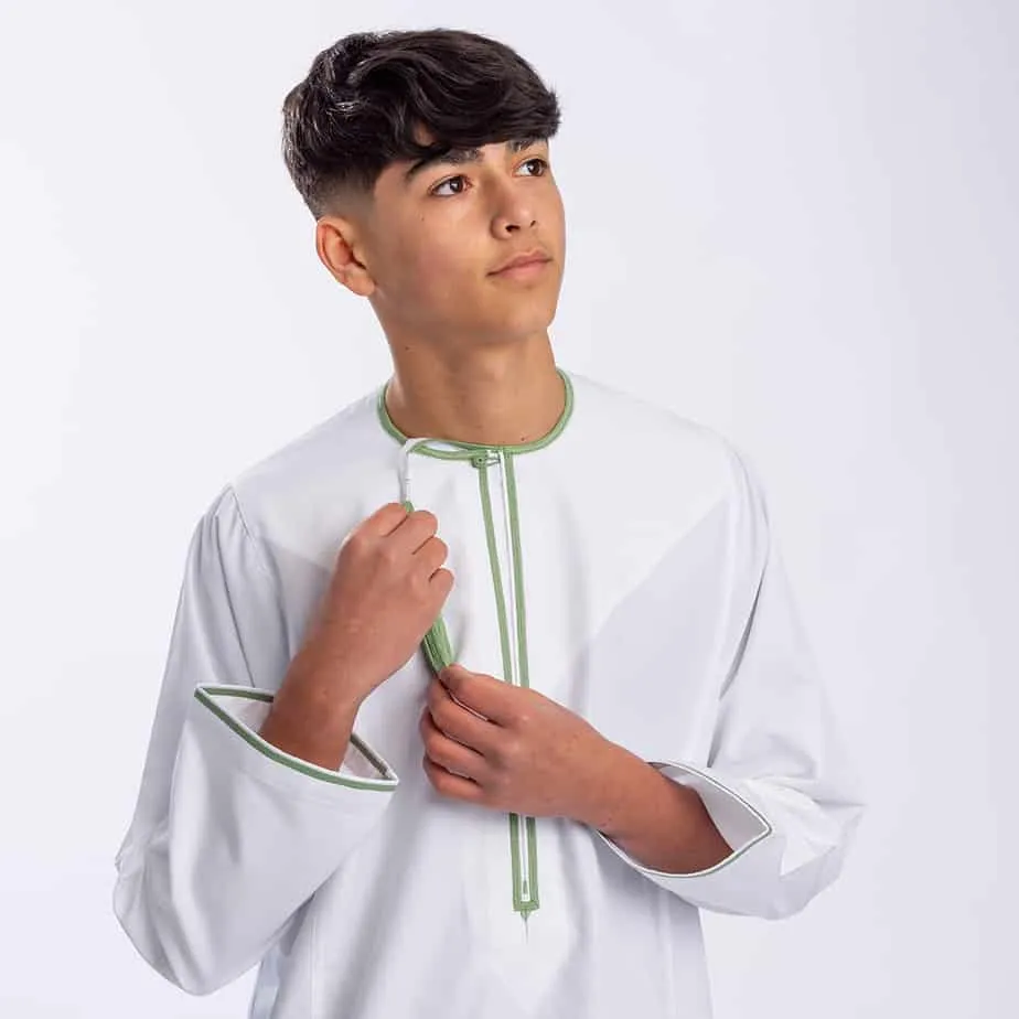 Boys Off White | Green Omani Dishdasha | Waterproof Fabric