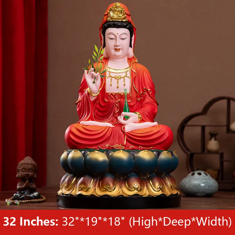 Buddha Kwan Yin Goddess of Mercy and Compassion Statue Red Clothes Resin Material