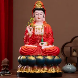 Buddha Kwan Yin Goddess of Mercy and Compassion Statue Red Clothes Resin Material