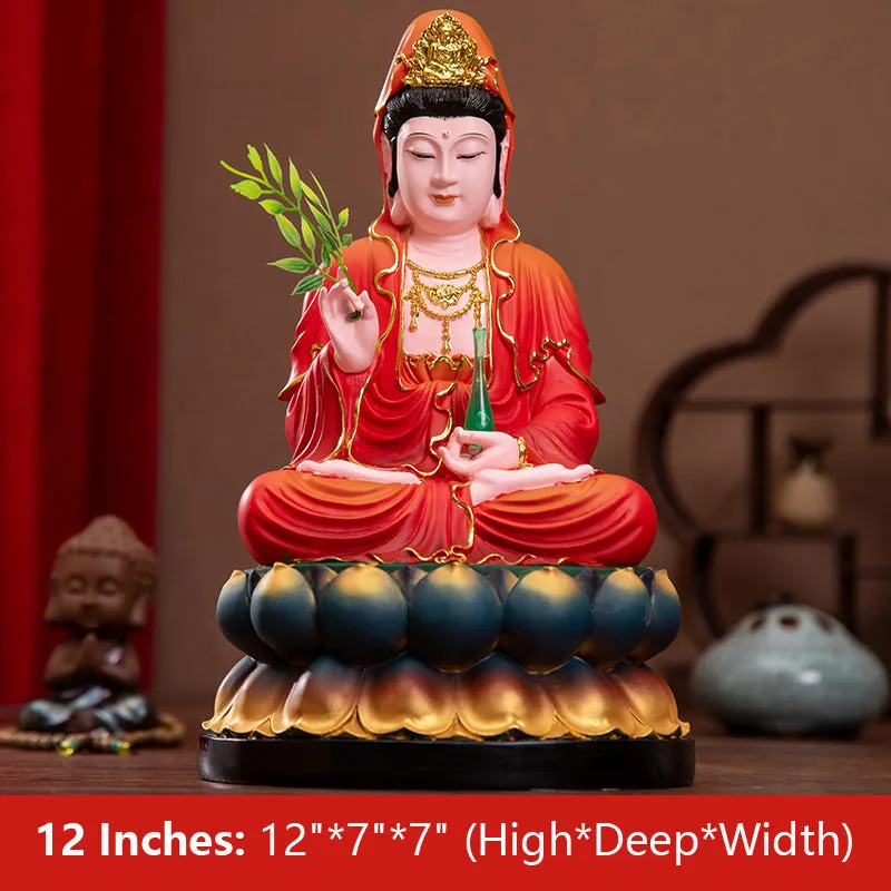 Buddha Kwan Yin Goddess of Mercy and Compassion Statue Red Clothes Resin Material