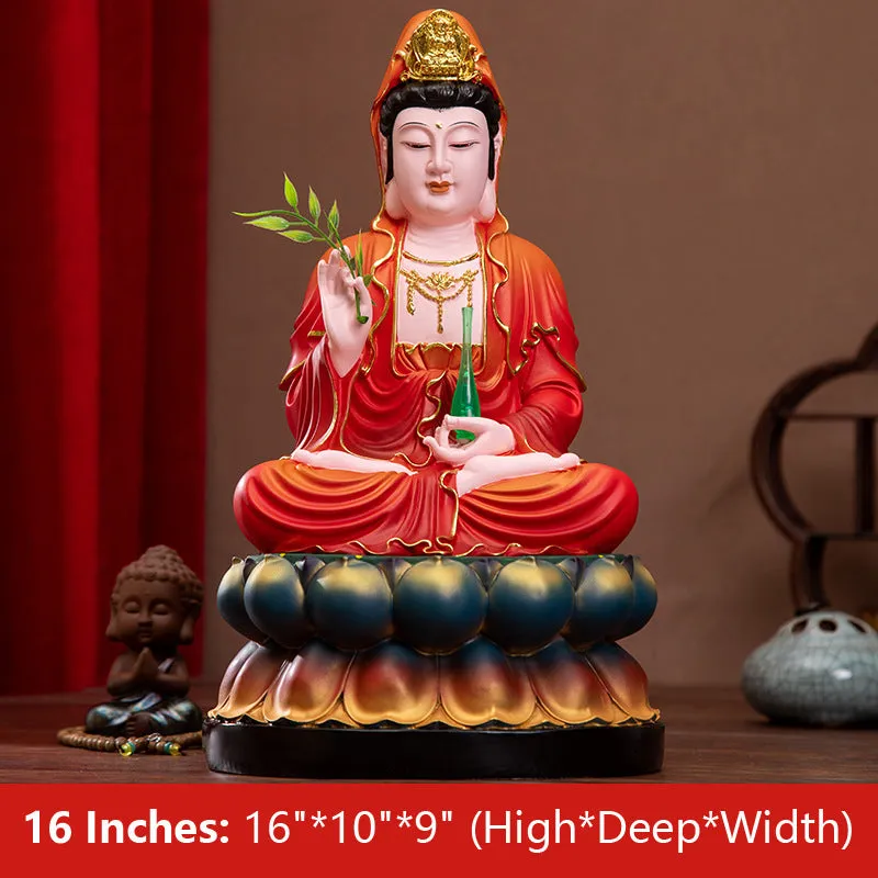 Buddha Kwan Yin Goddess of Mercy and Compassion Statue Red Clothes Resin Material