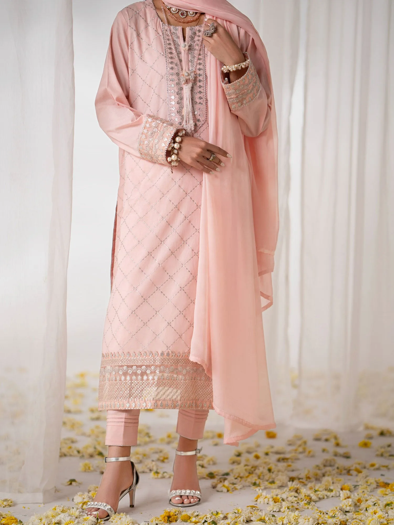 Casual Lite "Gul Posh" Embroidered Cotton Suit - Tea Pink