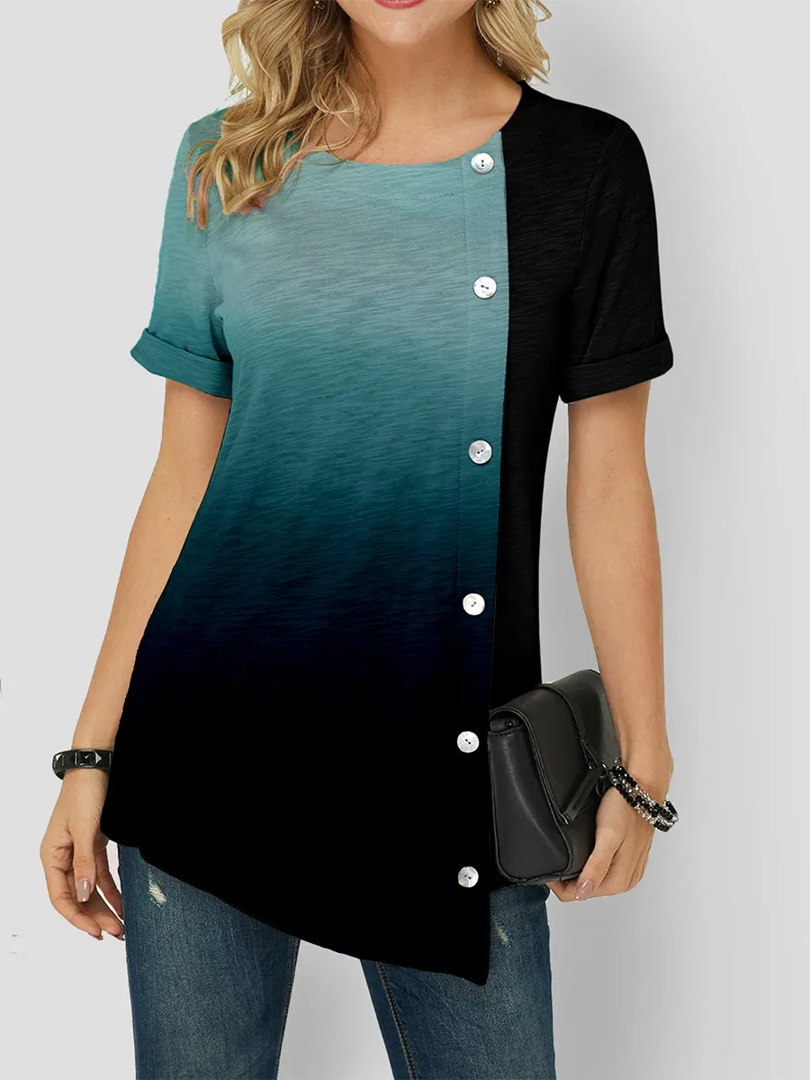 Color Gradient Asymmetric Hem Button Detail Short Sleeve T-Shirts