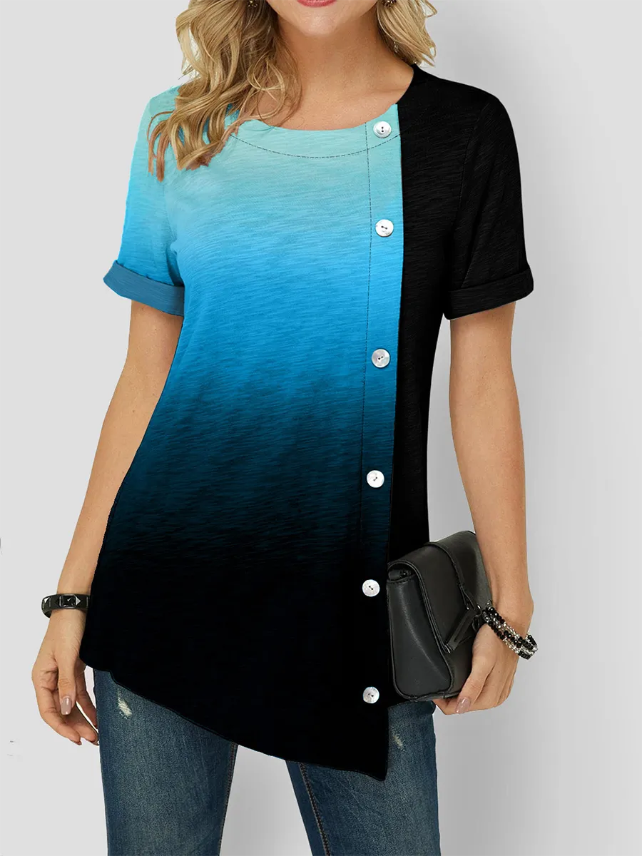 Color Gradient Asymmetric Hem Button Detail Short Sleeve T-Shirts