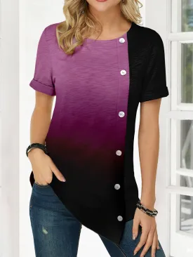 Color Gradient Asymmetric Hem Button Detail Short Sleeve T-Shirts