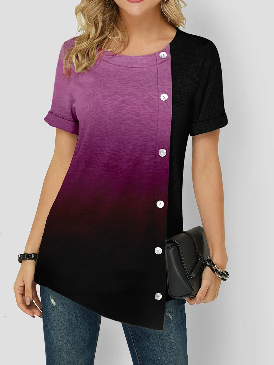 Color Gradient Asymmetric Hem Button Detail Short Sleeve T-Shirts