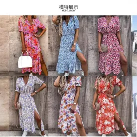 DEANWAQNGKT  Cross-Border  Fashion Printed Deep V-neck Short Sleeve Street Style Tight Waist Split Dress Women