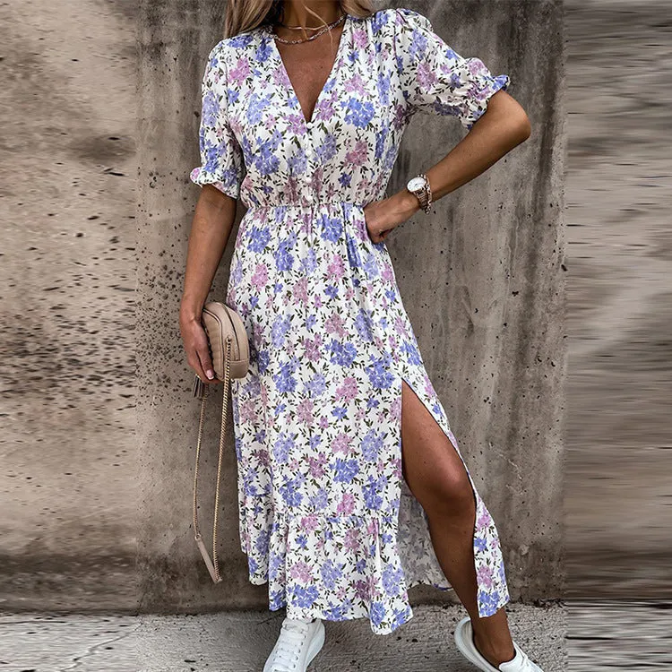 DEANWAQNGKT  Cross-Border  Fashion Printed Deep V-neck Short Sleeve Street Style Tight Waist Split Dress Women