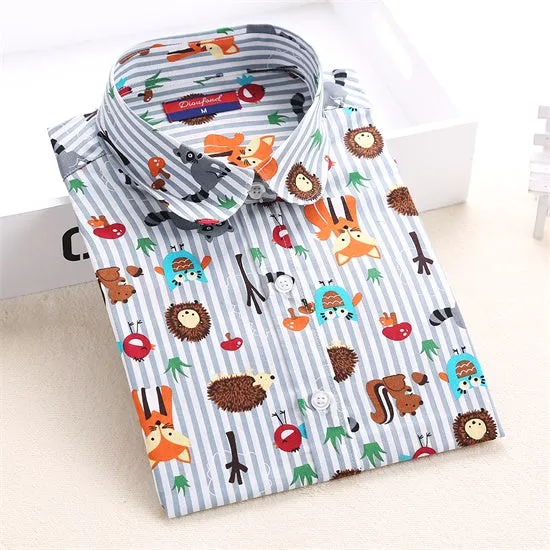 Dioufond Women Blouse Shirt Star Print Long Sleeve Blouse Vintage Cotton Fox Shirt Casual Plus Size Women Shirt Ladies Tops New