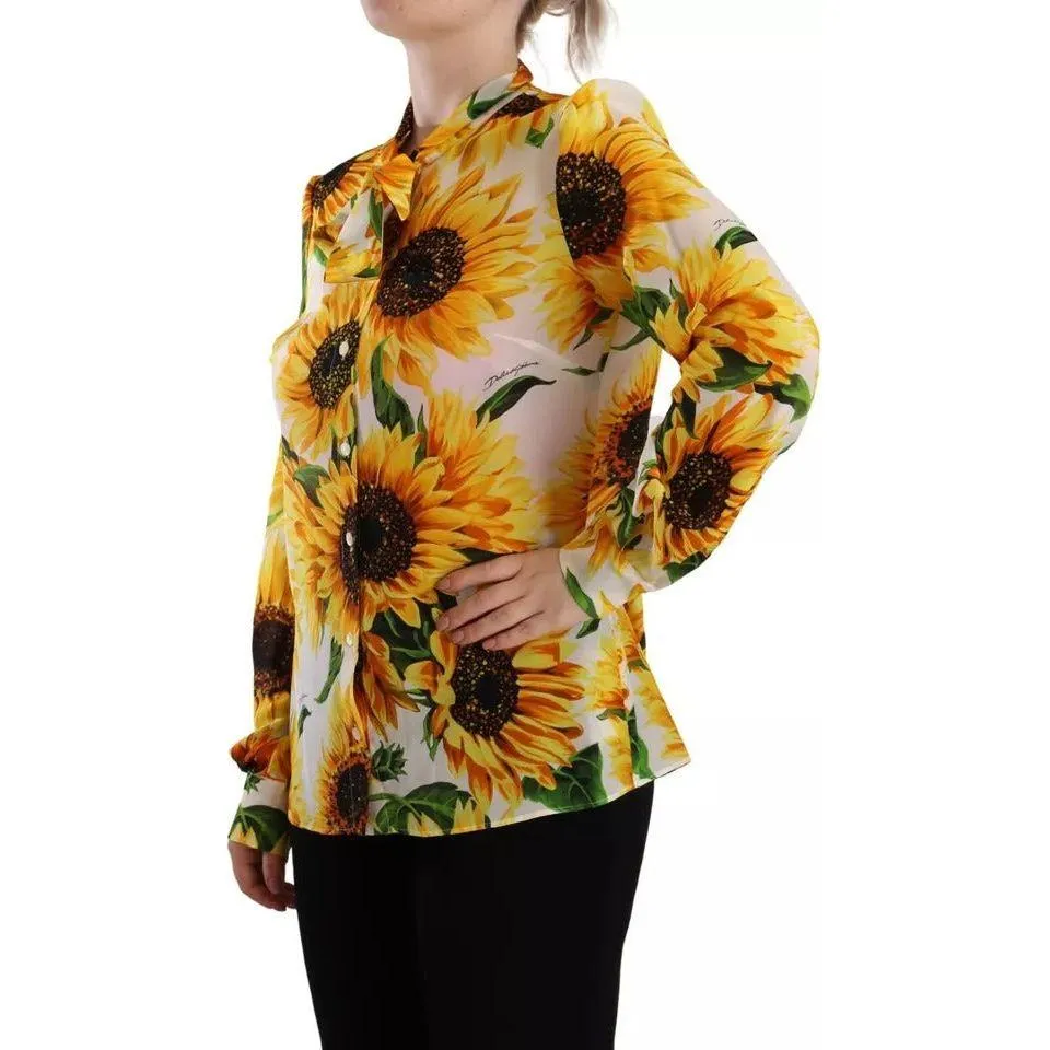 Dolce & Gabbana White Sunflower Silk Ascot Collar Blouse Top