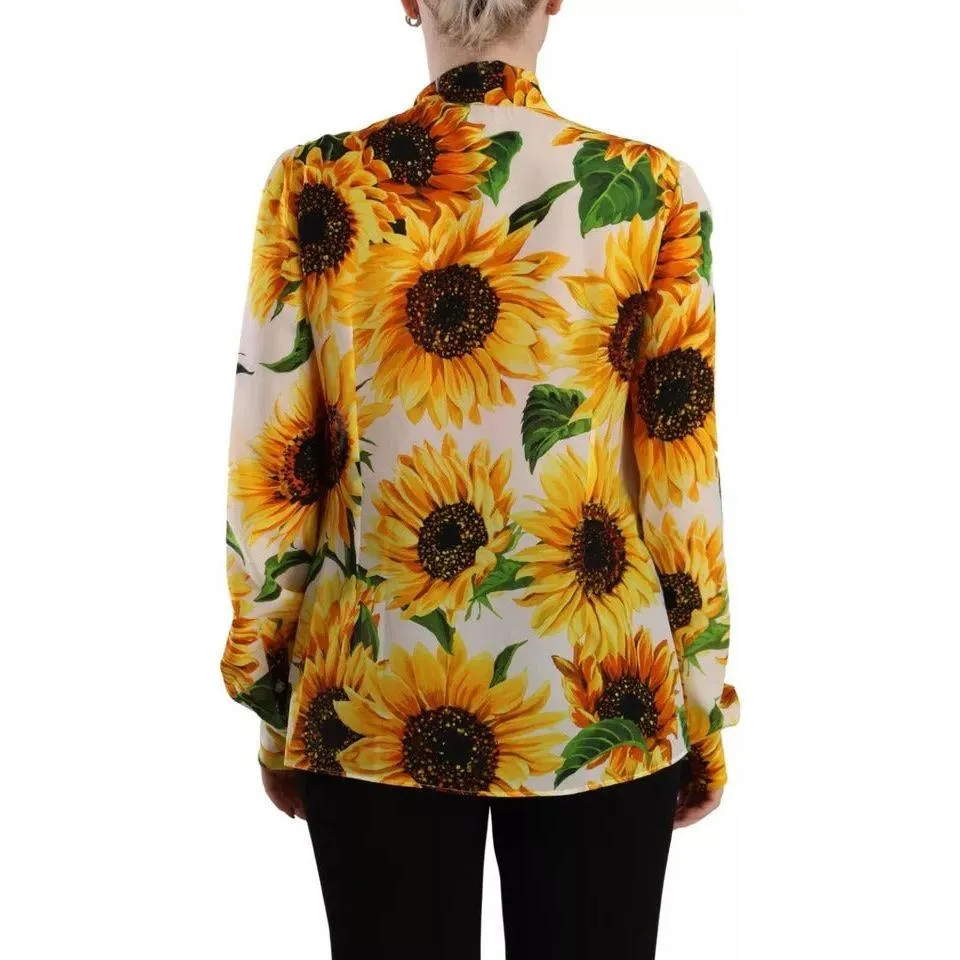 Dolce & Gabbana White Sunflower Silk Ascot Collar Blouse Top