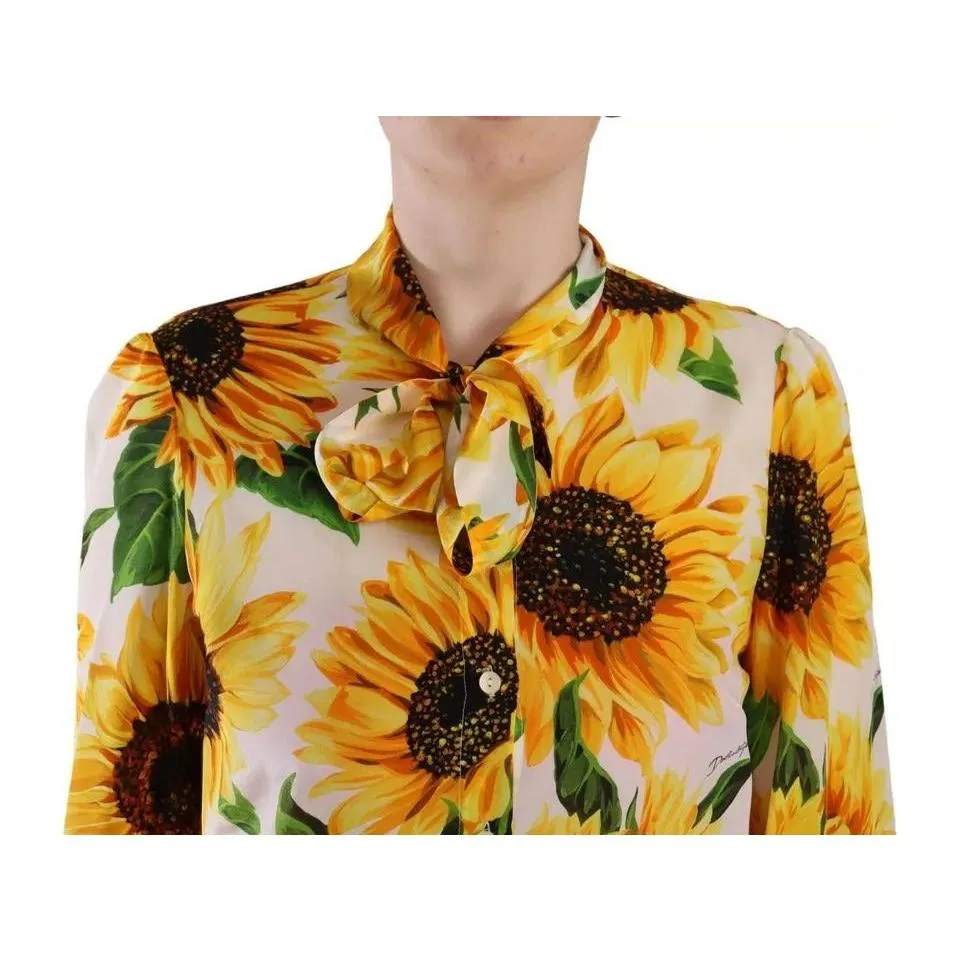 Dolce & Gabbana White Sunflower Silk Ascot Collar Blouse Top