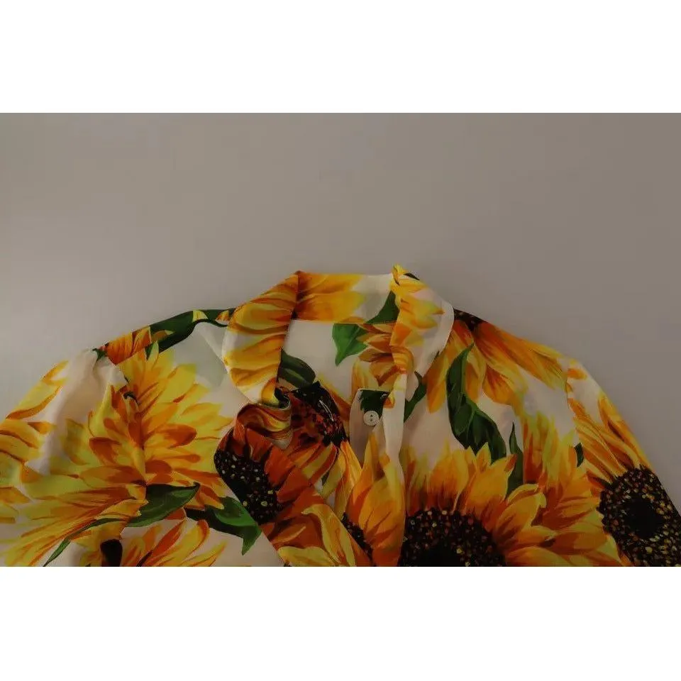 Dolce & Gabbana White Sunflower Silk Ascot Collar Blouse Top