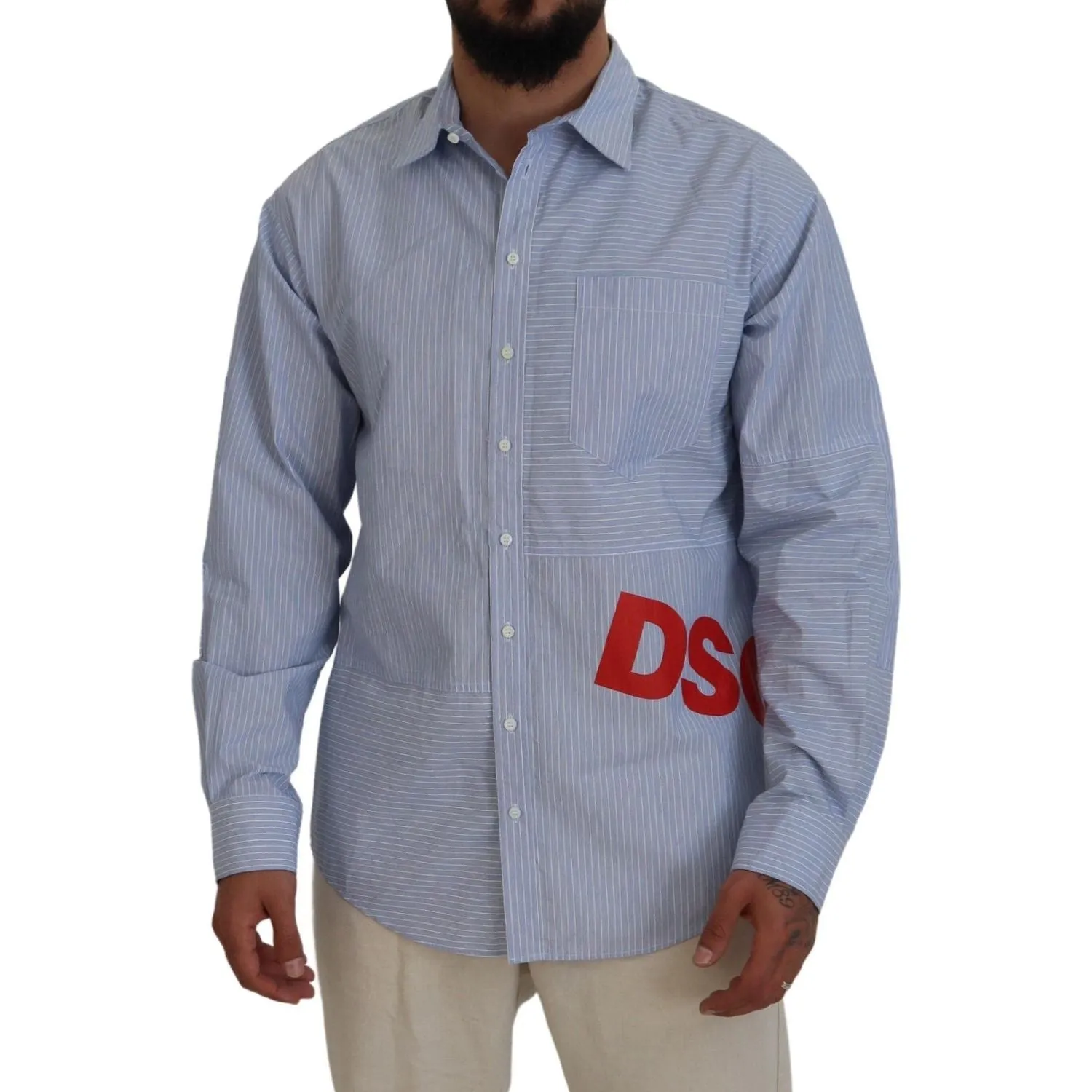 Dsquared² Blue Stripes Logo Print Long Sleeves Formal Shirt