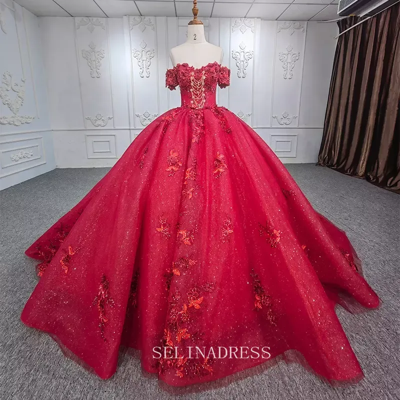 Elegant Off the Shoulder Beaded Ball Gown Red Evening Dress For Women DY9973