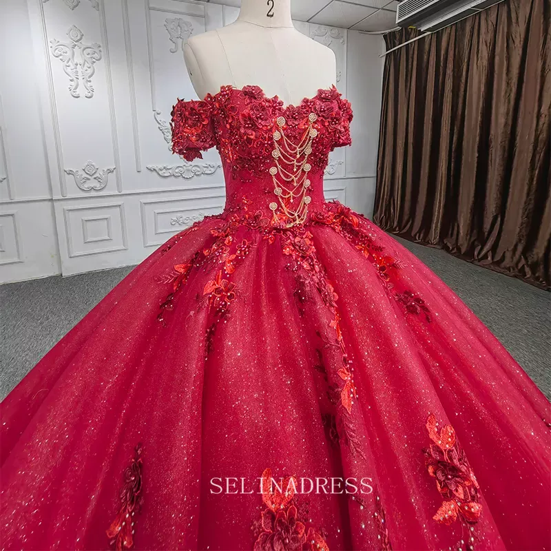 Elegant Off the Shoulder Beaded Ball Gown Red Evening Dress For Women DY9973