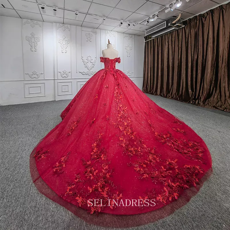 Elegant Off the Shoulder Beaded Ball Gown Red Evening Dress For Women DY9973