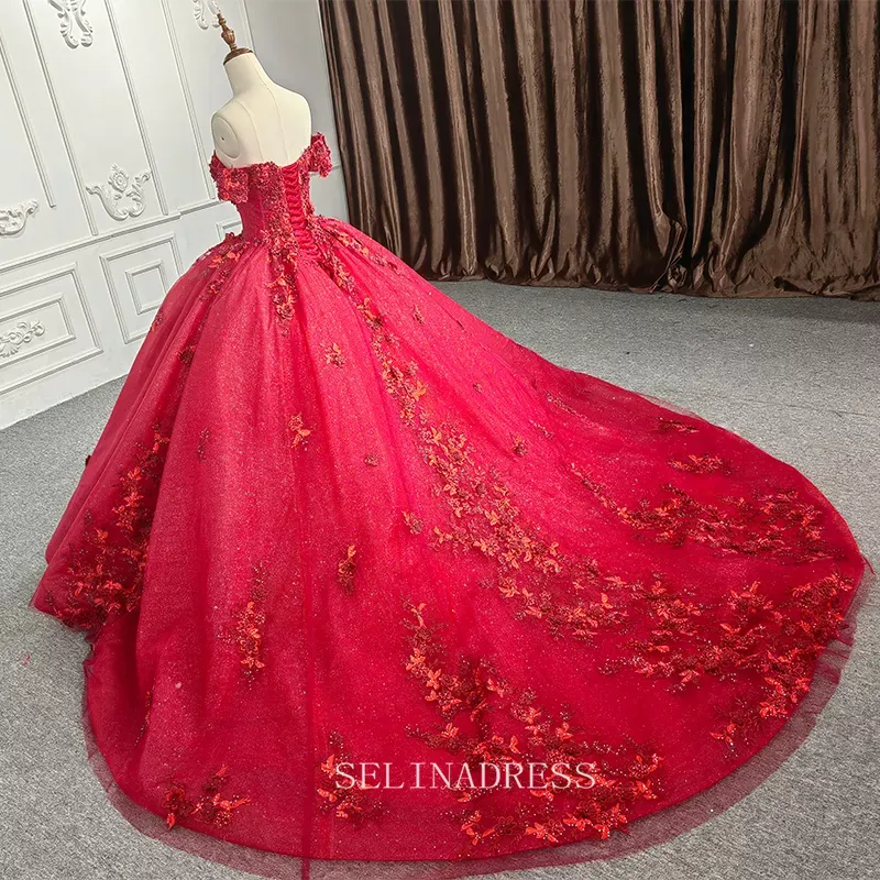 Elegant Off the Shoulder Beaded Ball Gown Red Evening Dress For Women DY9973