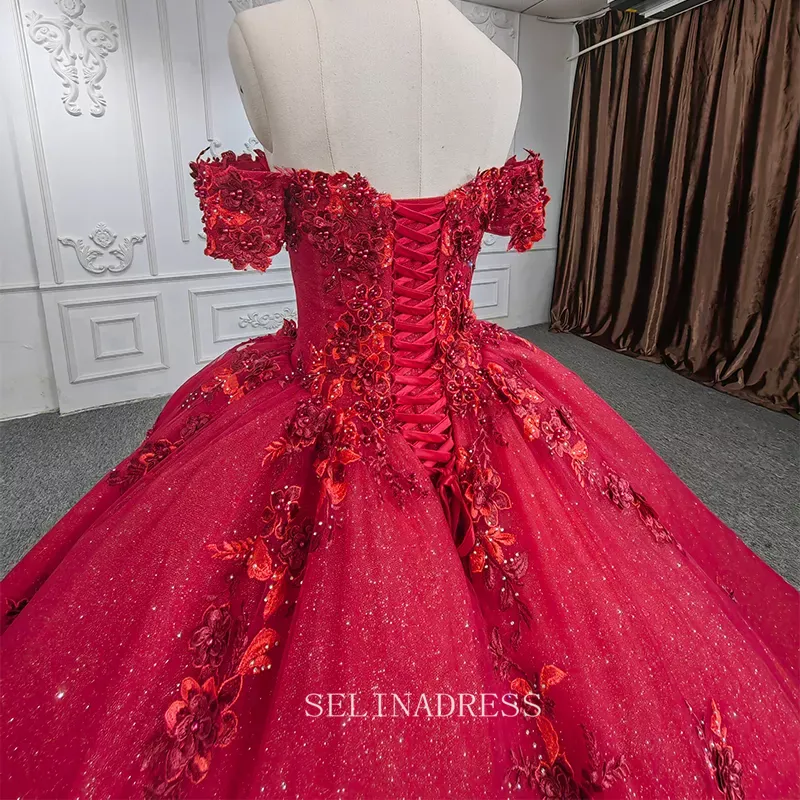 Elegant Off the Shoulder Beaded Ball Gown Red Evening Dress For Women DY9973