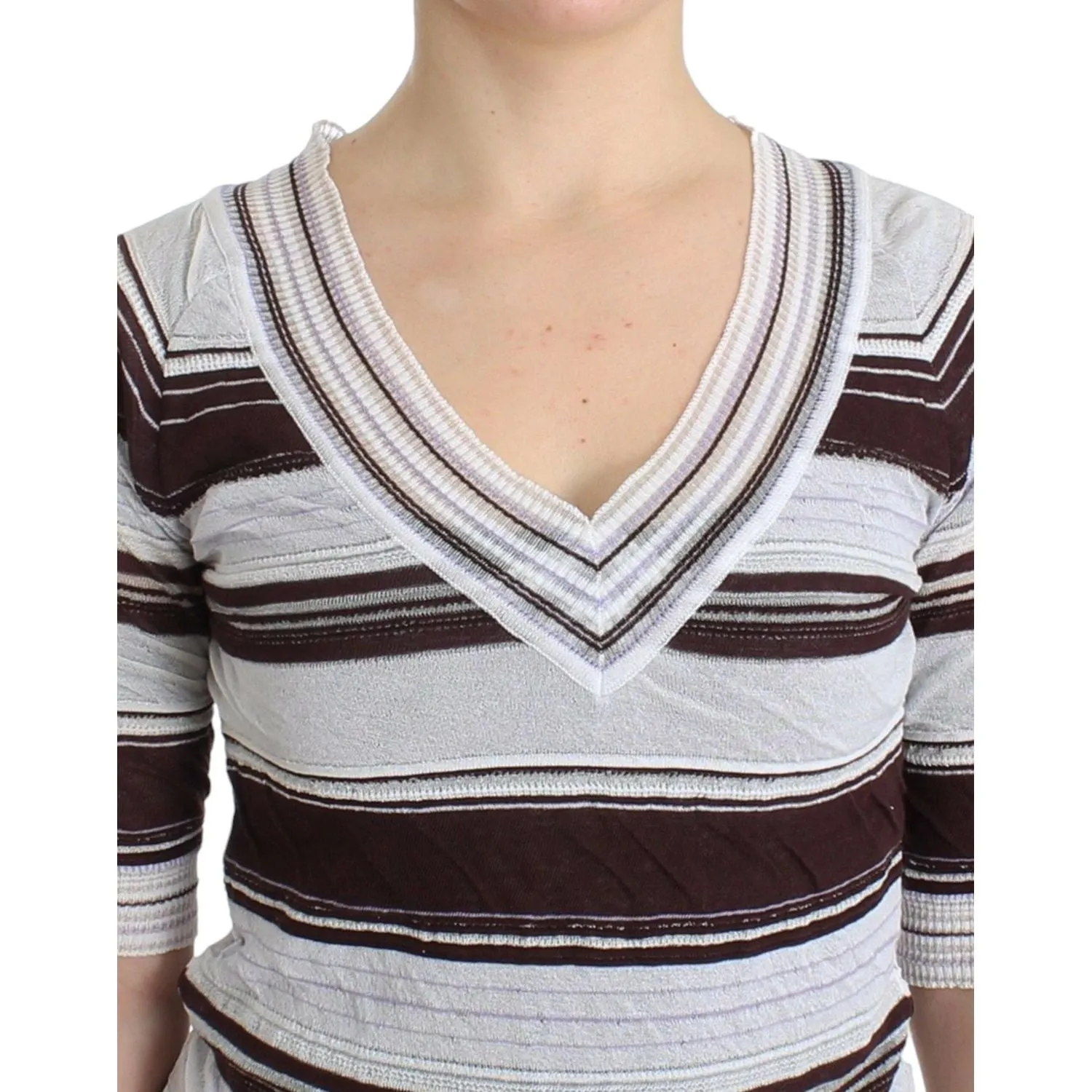 Ermanno Scervino Striped V-Neck Knit Top with Lace Hem