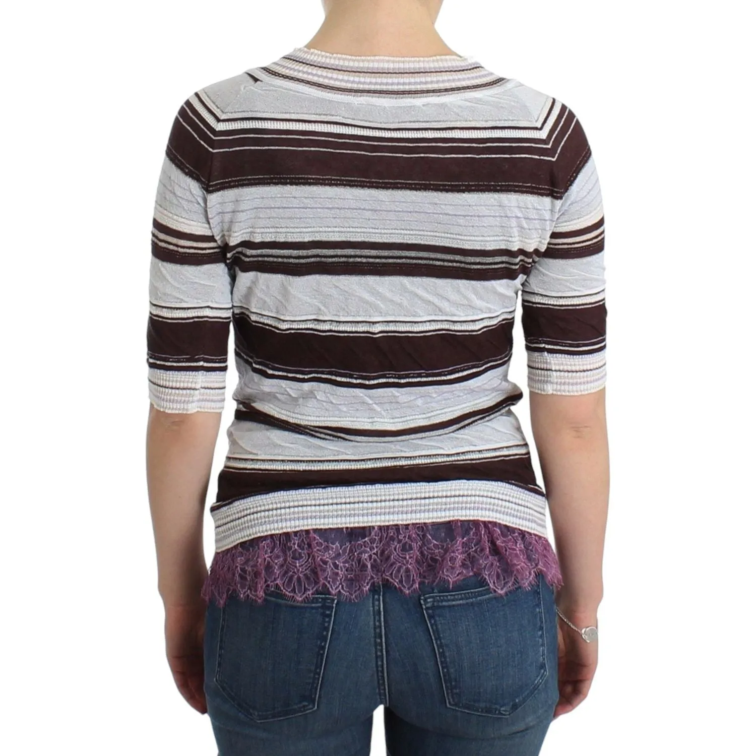 Ermanno Scervino Striped V-Neck Knit Top with Lace Hem