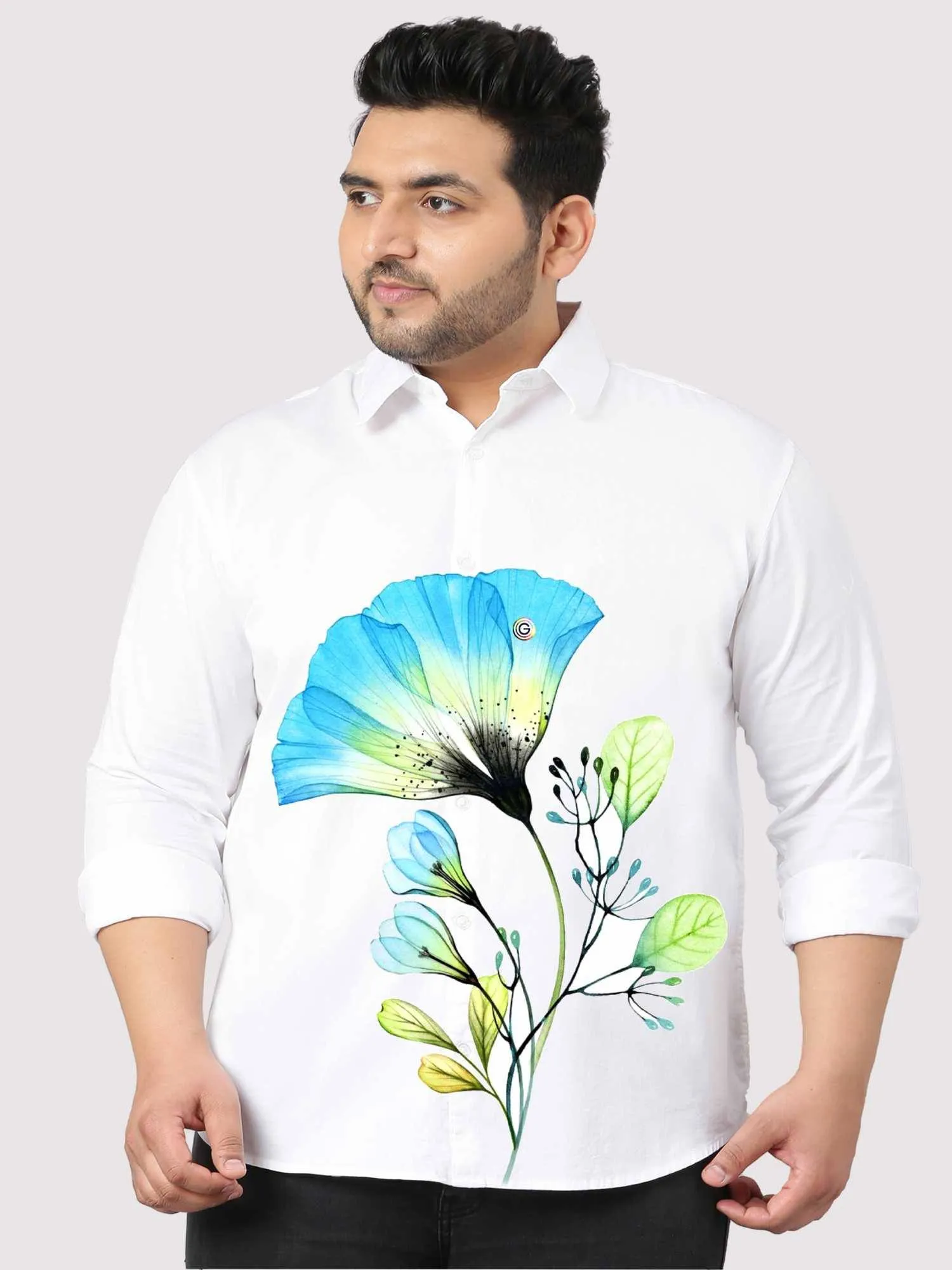 Floral Art Printed White Shirt Men's Plus Size