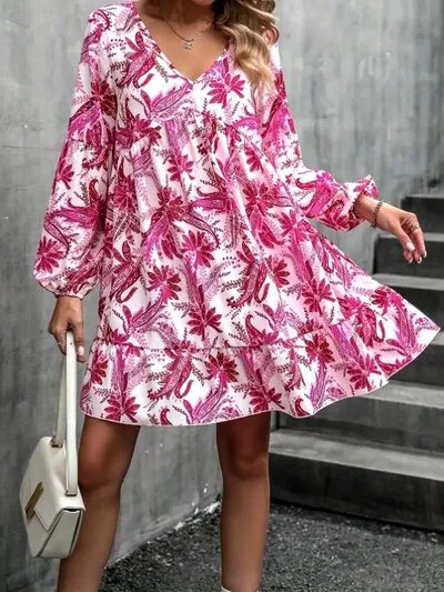 Floral V-Neck Balloon Sleeve Dress