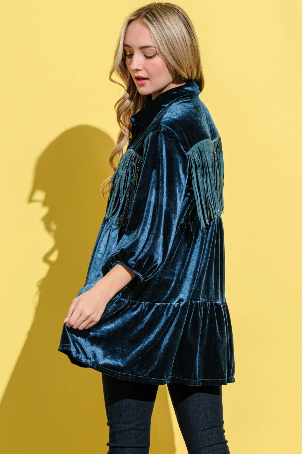 Fringe Detailed Velvet Shirt Dress