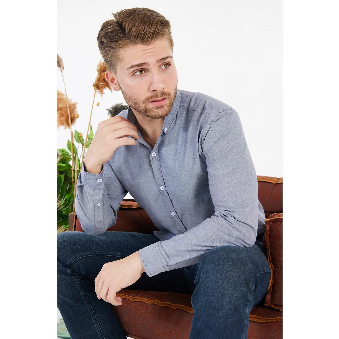 Grey Textured Button Down Shirt