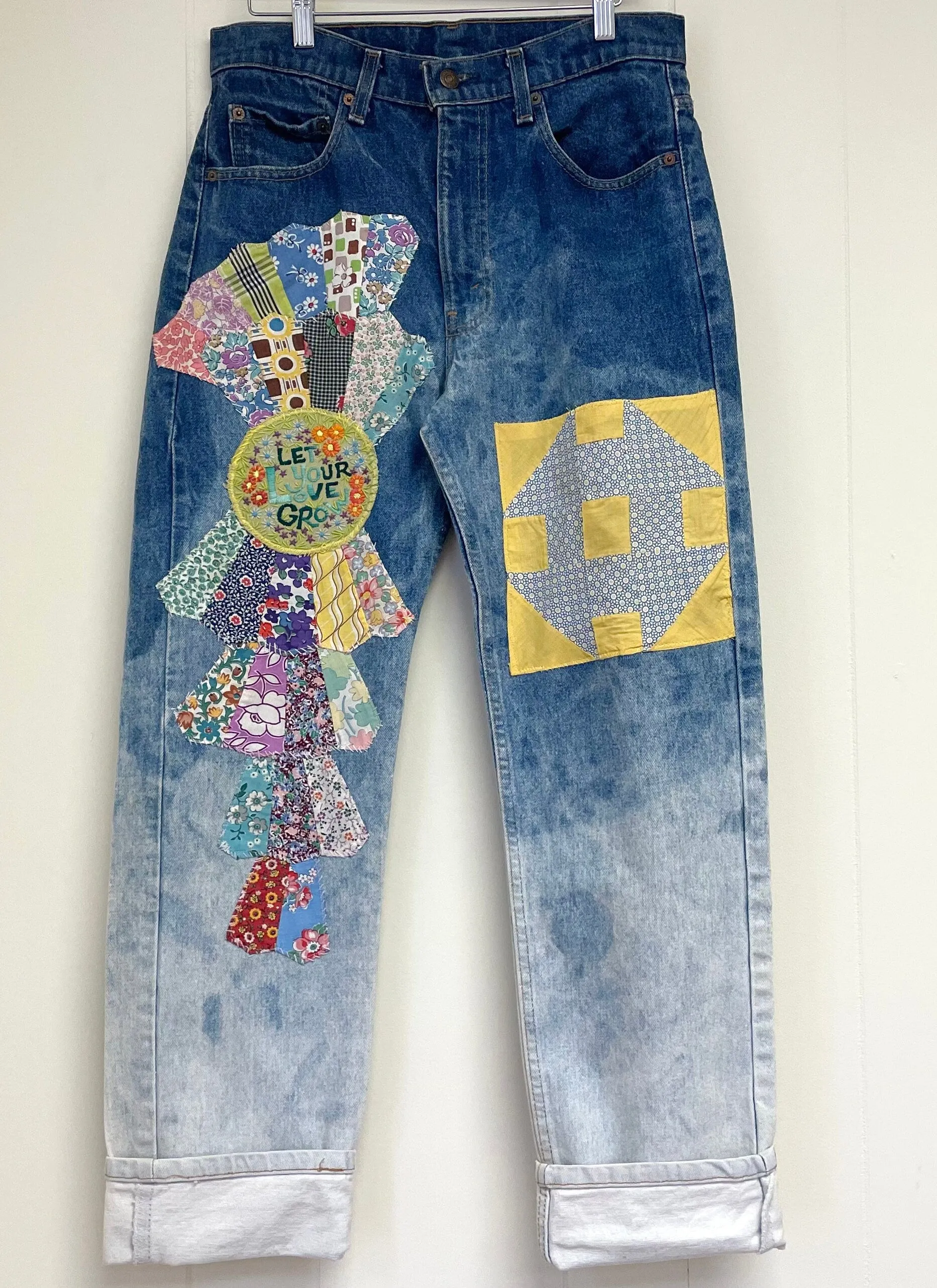 Hippie Hand-Patched Jeans - Let Your Love Grow - Hippie Style Denim Hand-Patched Upcycled Straight Leg Jeans