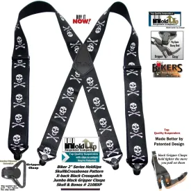 Holdup Brand Biker Series Skull and Crossbones pattern X-back suspenders with black Jumbo Gripper Clamp Clasps