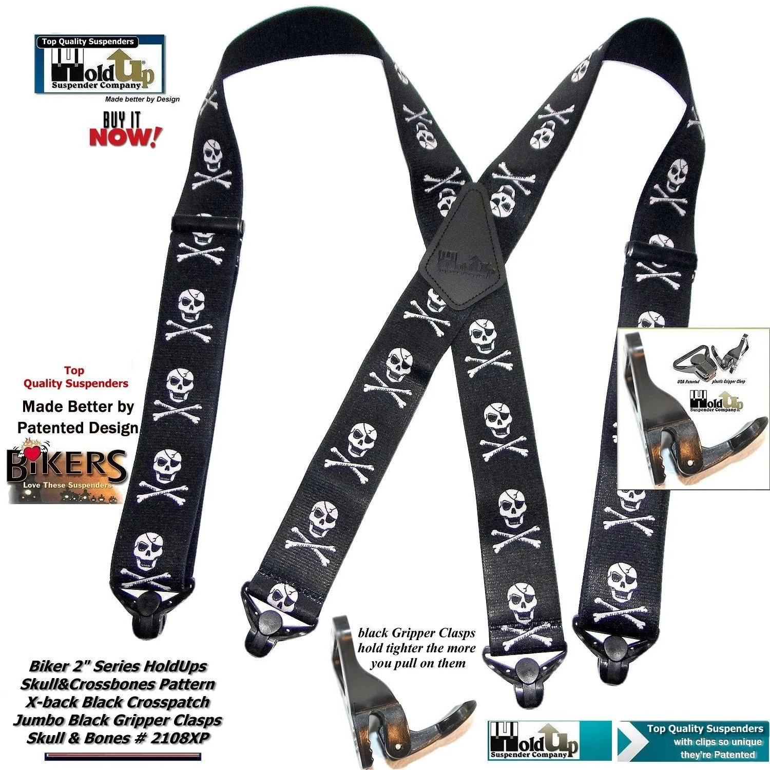 Holdup Brand Biker Series Skull and Crossbones pattern X-back suspenders with black Jumbo Gripper Clamp Clasps