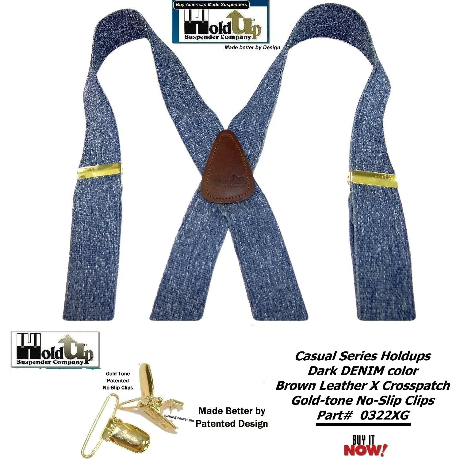 Holdup Brand USA made Dark Blue Denim Casual Series Suspenders in X-back style with Patented No-slip Gold-tone Clips