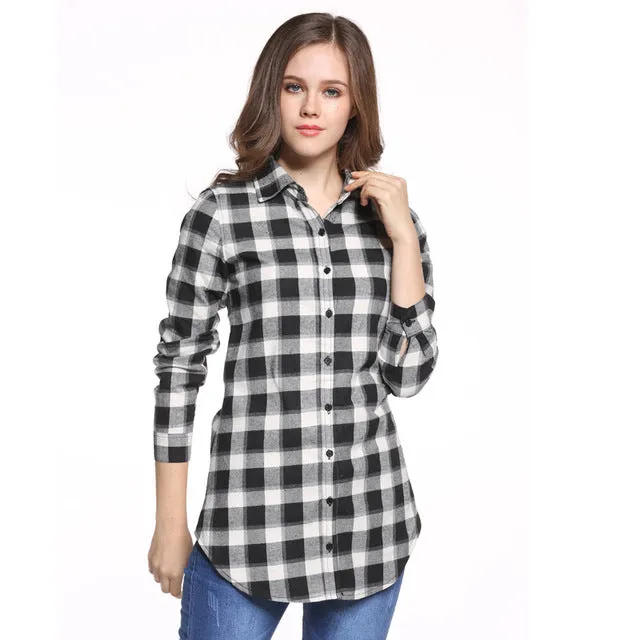 Hot Sale Women Blouses Long Shirts Single Breasted Plaid Cotton Shirt Wild Casual Streetwear Shirt Women Plus Size Blouse BE66