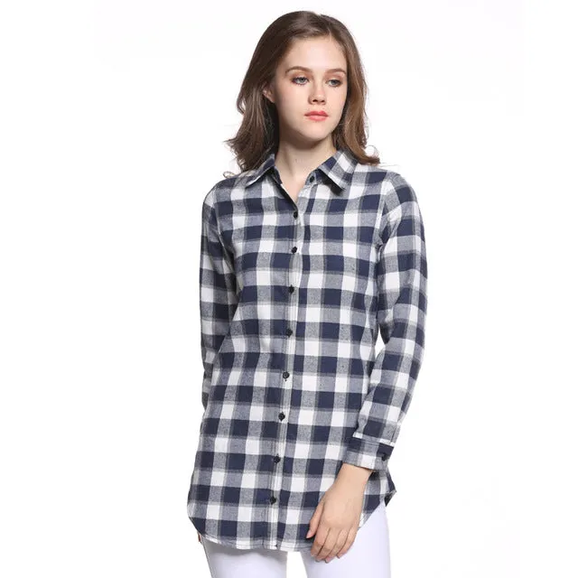 Hot Sale Women Blouses Long Shirts Single Breasted Plaid Cotton Shirt Wild Casual Streetwear Shirt Women Plus Size Blouse BE66