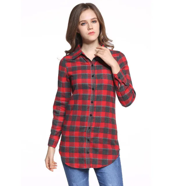 Hot Sale Women Blouses Long Shirts Single Breasted Plaid Cotton Shirt Wild Casual Streetwear Shirt Women Plus Size Blouse BE66