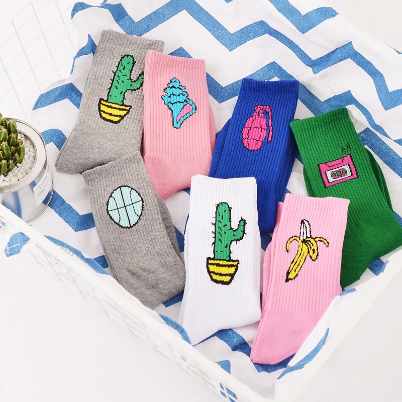 Korean Novelty Women and Men Cotton Crew Socks Funny Cactus Banana  Pattern Creative Lovers Sox Harajuku Novelty pink white