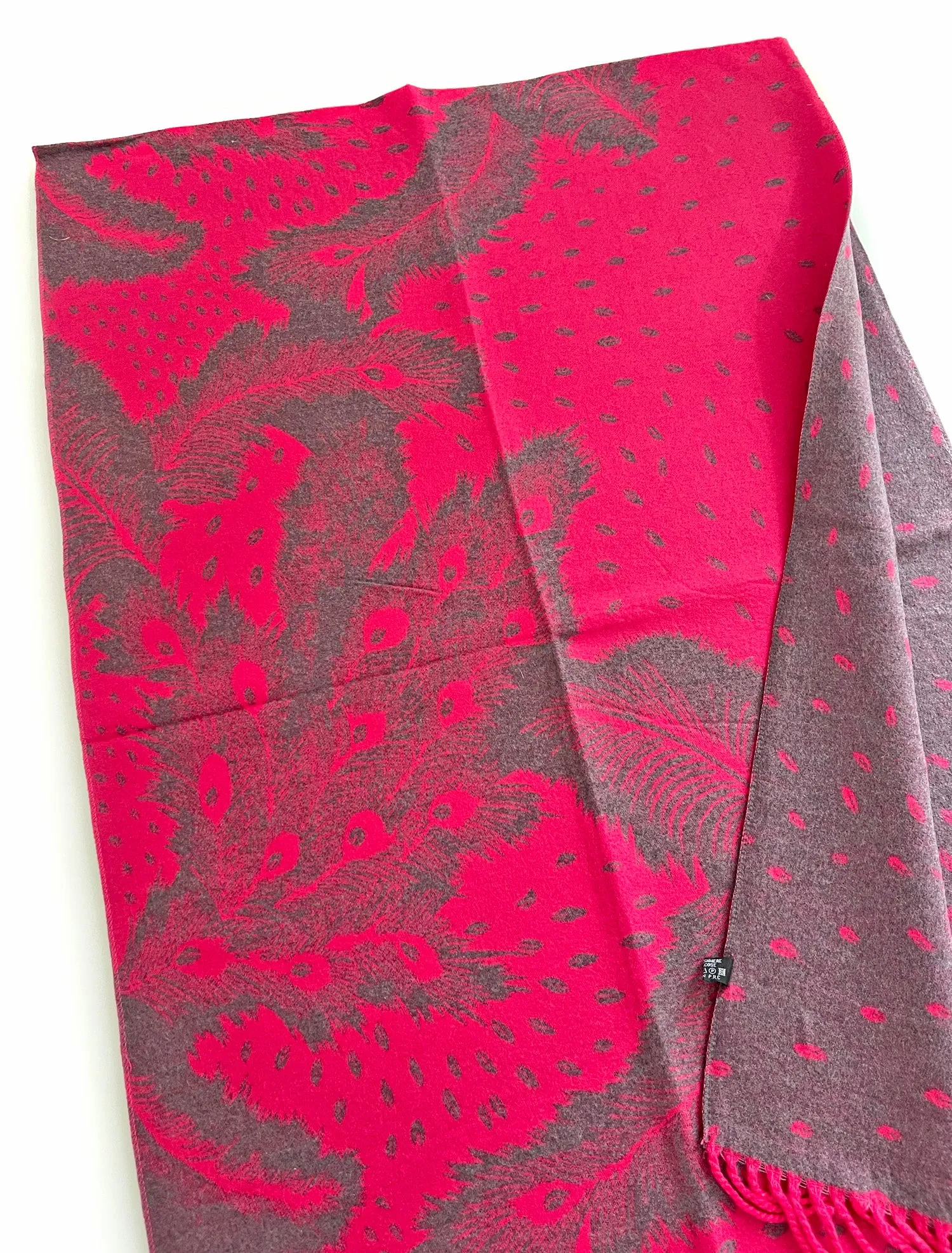 LARGE FUCHSIA CASHMERE FEATHER PRINT REVERSIBLE WINTER SHAWL BLANKET SCARF